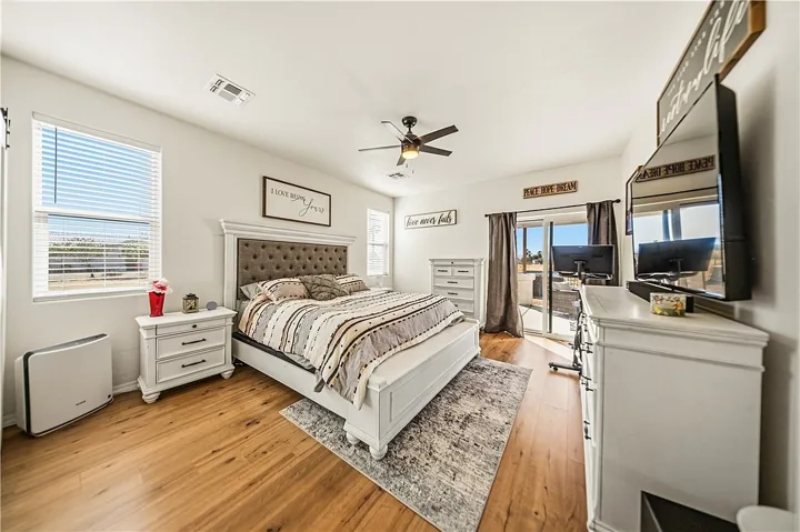 Furnished bedroom with natural light and a ceiling fan